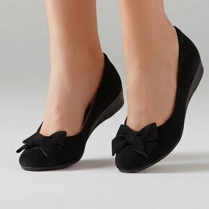 Black Bow Wedge Pumps Round Toe Low Heel Faux Suede Dress Shoes Size 40